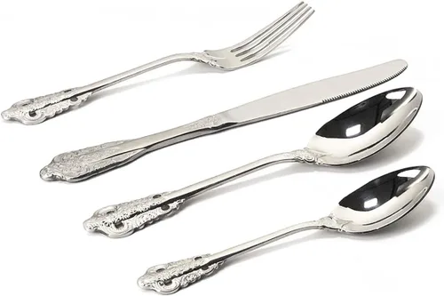 Vista 17 de Juego de cubiertos de 4 piezas, cubiertos de acero inoxidable 18/10, incluye cuchillo, tenedor, cuchara, cuchara de té, pulido con espejo, apto