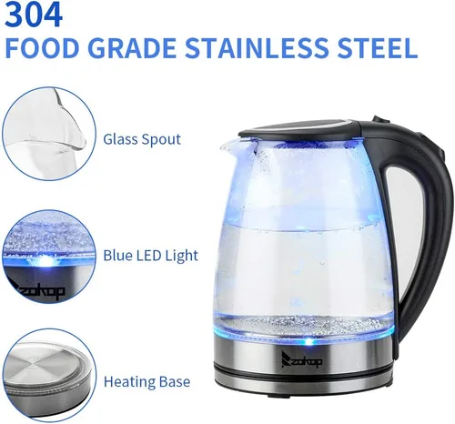 Vista 2 de HD-1857-A Hervidor eléctrico de vidrio, 220 V, 2000 W, 1.8 L, vidrio de borosilicato alto y acero inoxidable 304, sin BPA, luz LED azul, apagado