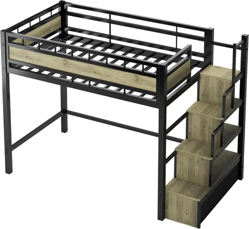 Vista 8 de soges Cama tipo loft con escaleras, cama alta de metal con cajones de almacenamiento, ideal para dormitorios, apartamentos, habitaciones de niños