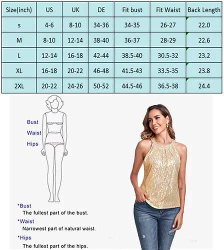 Vista 6 de Fenyong Camiseta sin mangas con cuello halter de lentejuelas para mujer, elegante, brillante, para fiesta, club, concierto, cóctel, camisola
