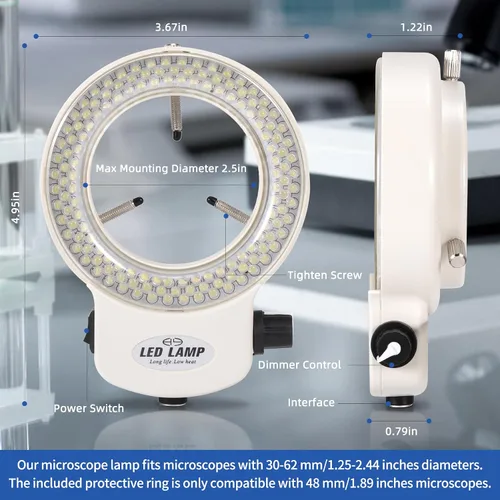 Vista 2 de Annhua Fuente de luz para microscopio 144 LED sin parpadeo Microscopio Anillo de luz con iluminador ajustable y cubierta protectora para Blanco
