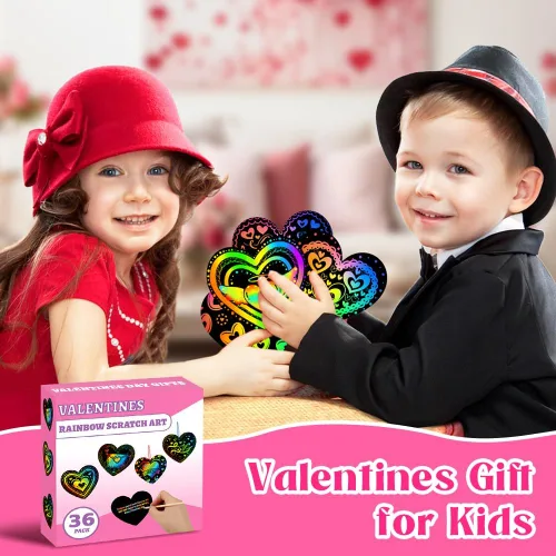 Vista 6 de MDCGFOD Paquete de 36 regalos para el día de San Valentín para niños, cuna de corazón para arañar arco iris, manualidades de San Valentín
