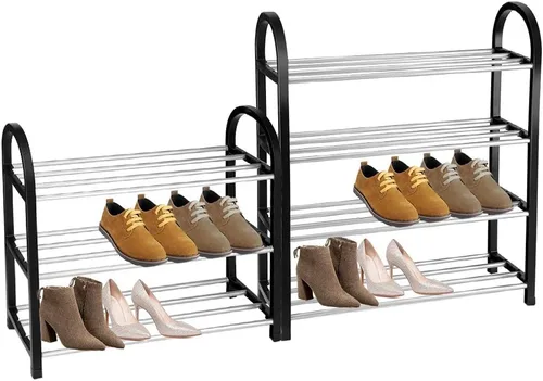 Vista 5 de Zapateros de 4 niveles, estante de zapatos de pie, estante de plástico de aluminio, organizador de zapatos delgado de gran capacidad