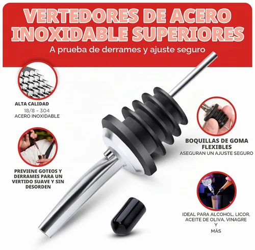 Vista 4 de Paquete de 48 vertedores de botellas de acero inoxidable para alcohol, licor y vino, accesorios de bar, boquillas para botellas y dispensadores