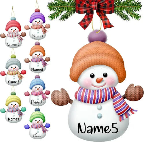 Vista 22 de Adornos de Navidad personalizados con nombres, muñeco de nieve, 8 piezas, adorno familiar personalizado, decoración colgante de madera para árbol