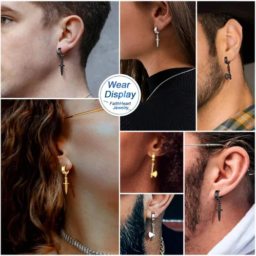 Vista 6 de FaithHeart Aretes de aro Huggie para mujer, acero inoxidable, chapado en oro de 18 quilates, aretes colgantes de gota de AnkhCrossCandkBocina