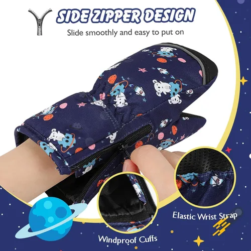 Vista 2 de MoKo Guantes de nieve para niños pequeños, antideslizantes, impermeables, con cremallera, de tela de terciopelo cálido, guantes de esquí para niños