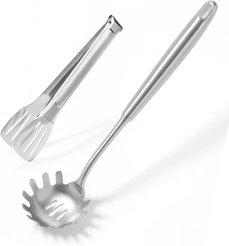 Vista 17 de Newness - Juego de utensilios de cocina de acero inoxidable 304, accesorios de cocina de metal, incluye cucharón de sopa, cuchara ranurada, cuchara