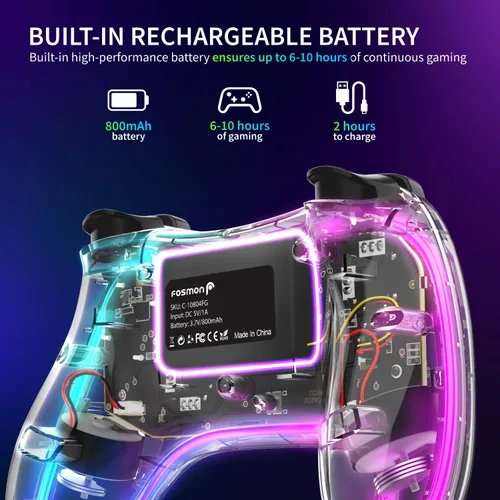 Vista 5 de Fosmon Wireless Controller, Gaming Controller with RGB Lights for SwitchLiteOLED and AndroidiOSPCSteamApple Arcade MFi Games & Tesla, Switch Pro