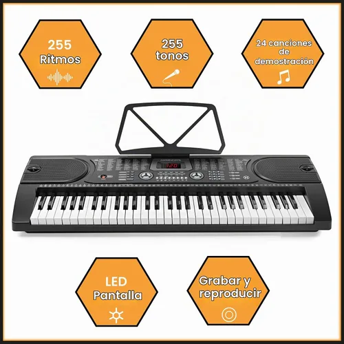 Vista 2 de Teclado de piano electrónico de la marca Hamzer, modelo 61-Key, portátil, con atril, taburete, auriculares y micrófono