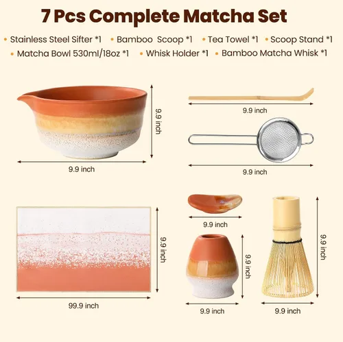 Vista 2 de Juego de batidor Matcha con cuenco de cerámica de 18 onzas, kit de matcha de 7 piezas con batidor de bambú de 100 puntas, tamiz de acero inoxidable