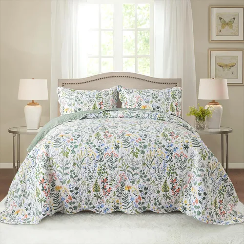 Vista 42 de HoneiLife - Juego de edredón de 3 piezas, colcha ligera de microfibra, diseño de flores silvestres, cubrecamas ligero y botánico, para todas