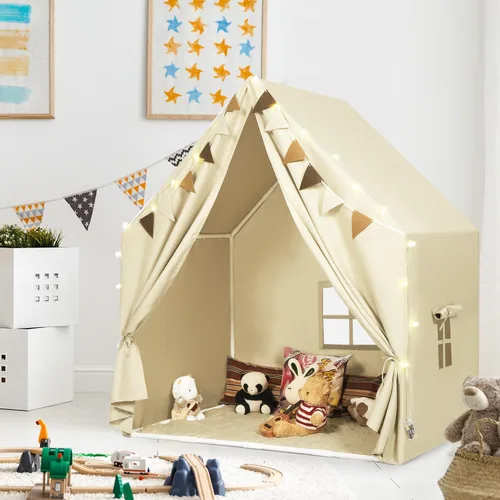 Vista 2 de Tienda de campaña para niños con tapete acolchado y luces LED en estrella para niñas y niños de 4-8-10 años, gran casa de juegos linda
