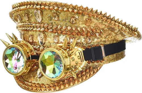 Vista 2 de bslingerie Sombrero steampunk con lentejuelas y diamantes de imitación para mujer, para fiesta rave, festival, capitán con gafas