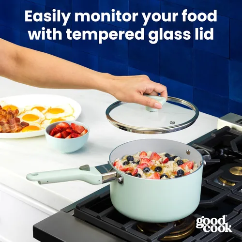 Vista 3 de GoodCook Sartén de cerámica con mango y tapa extraíbles, compatible con inducción, antiadherente y apta para horno, 3 cuartos de galón, verde salvia