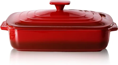 Vista 9 de Lareina Cacerola grande de cerámica con tapa, 4.0 cuartos de galón, platos cubiertos rectangulares de piedra para hornear para horno, cacerolas