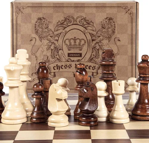 Vista 7 de AMEROUS Piezas de ajedrez de madera solamente, piezas de ajedrez Staunton de madera para torneo con rey de 3.5 pulgadas, peones de juego de ajedrez