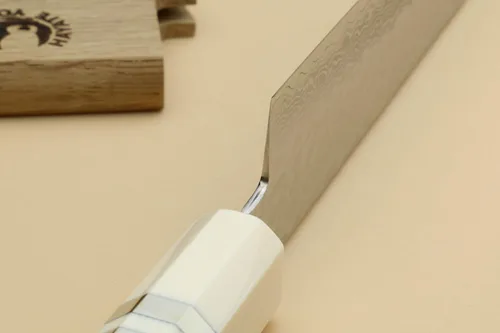 Vista 7 de Yoshihiro VG10 46 Capas Damasco Martillado Sujihiki Cuchillo Rebanador Japonés (9.5" (240mm) Mango de Palisandro) Mango de palisandro con cojín