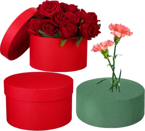Vista 7 de Nuenen Caja de regalo redonda con tapa y juego de espuma floral, negro, 2 piezas, cajas de regalo para flores para el día de la madre, dama
