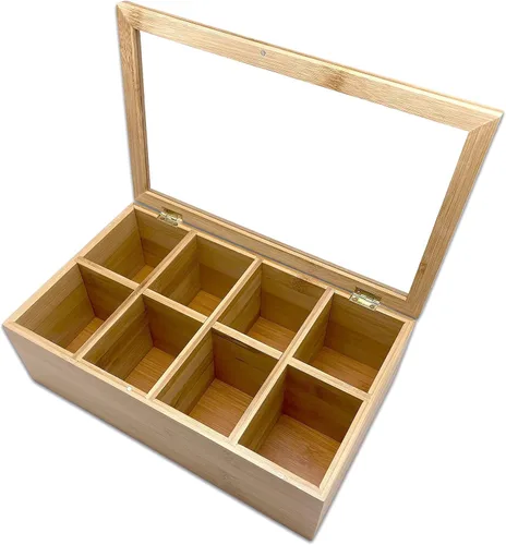 Vista 2 de Bam & Boo - Organizador de cajas de almacenamiento de especias y condimentos de bambú natural con tapa transparente (8 compartimentos)