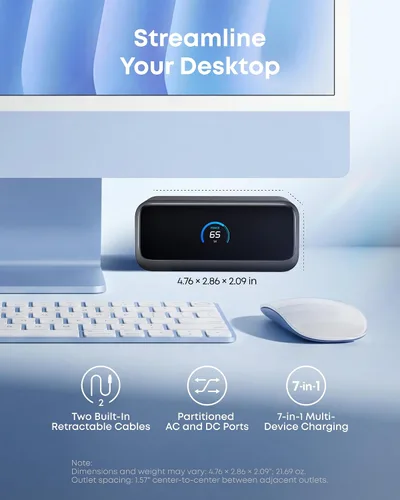 Vista 3 de Anker Estación de carga nano, tira de alimentación USB-C 7 en 1 para iPhone 16, cable retráctil Anker InstaCord de 2.3 pies, 3 USB-C, 1 USB-A, 3 AC
