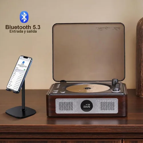 Vista 2 de Reproductor de CD retro para el hogar, reproductor portátil con Bluetooth y Marrón