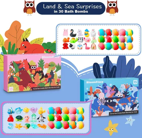 Vista 4 de 30 bombas de baño para niños con sorpresa en el interior, juego de regalo con 30 juguetes únicos de animales terrestres y marinos, bombas de baño