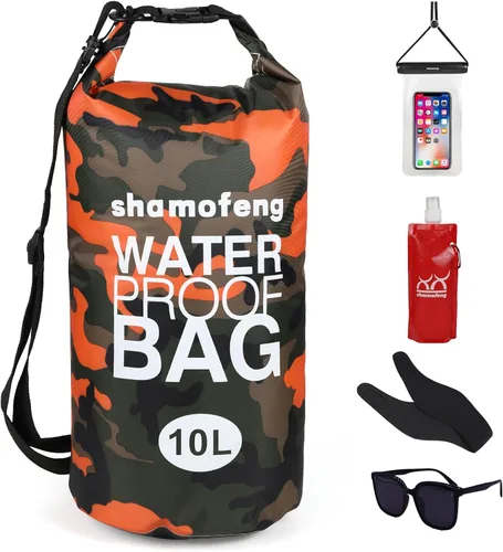 Vista 9 de Bolsa seca impermeable de 5L/10L/15L/20L/30L Mochila de almacenamiento en seco con funda para teléfono, botella de agua plegable, gafas de sol Azul
