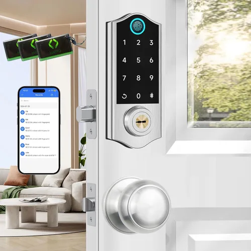 Vista 9 de Cerraduras inteligentes con huellas dactilares para puerta delantera con mango, control por aplicación, cerradura de puerta de entrada sin llave