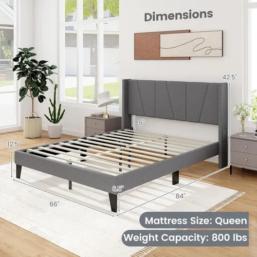 Vista 2 de KOMFOTT Base de cama tapizada tamaño Queen con cabecera con respaldo de ala, plataforma moderna con soporte de listones de madera, base de colchón