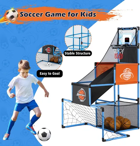 Vista 3 de Juego de Arcade de Baloncesto y Portería de Fútbol 2 en 1 para Niños, Aro de Baloncesto Ajustable para Niños con 6 Pelotas y Bomba