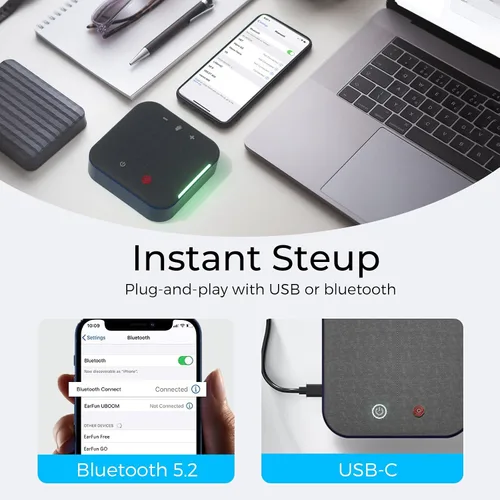 Vista 5 de COOLPO Altavoz y micrófono de conferencia, USB C portátil y altavoz Bluetooth para computadora, altavoces portátiles con micrófono, captación de voz