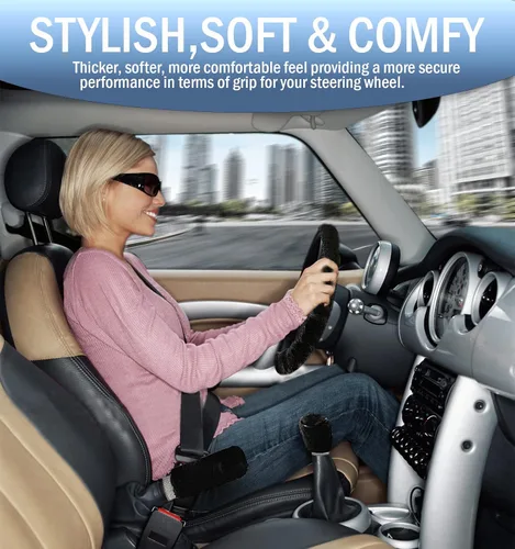 Vista 5 de Forro decorativo Zone Tech antiderrapante de felpa para volante, freno de mano y palanca de cambios - Cómoda cubierta térmica para el volante