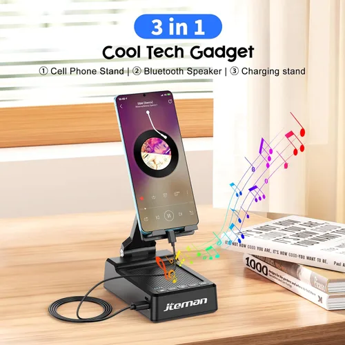 Vista 2 de JTEMAN Regalos para hombres y mujeres, soporte ajustable para teléfono celular con altavoz Bluetooth y función de carga, genial idea de regalo