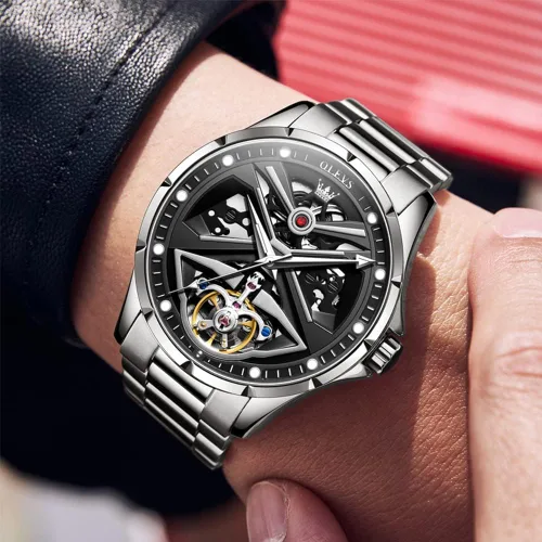 Vista 2 de OLEVS Watches for Men Skeleton Automatic Mechanical Watches Self Winding Waterproof Dress Mens Watches Fashion Business Luminous Male Wrist Watches