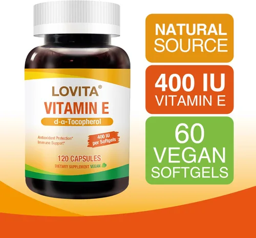 Vista 6 de LOVITA Vitamina E 400 UI cápsulas blandas veganas, vitamina E natural 268 mg (como D alfa tocoferol), para piel sana, cabello, uñas, antioxidantes
