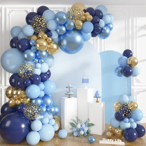 Vista 11 de Ouddy Life - Kit de guirnalda de arco de globos azul polvoriento, 152 piezas, diferentes tamaños Azul y blanco
