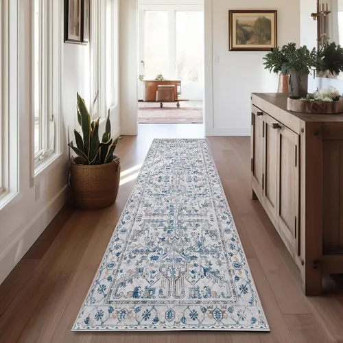 Vista 384 de jinchan Lima - Alfombra simétrica floral geométrica lavable, alfombra de entrada de medio círculo de 2 x 3, alfombra de media luna, suave y Azul