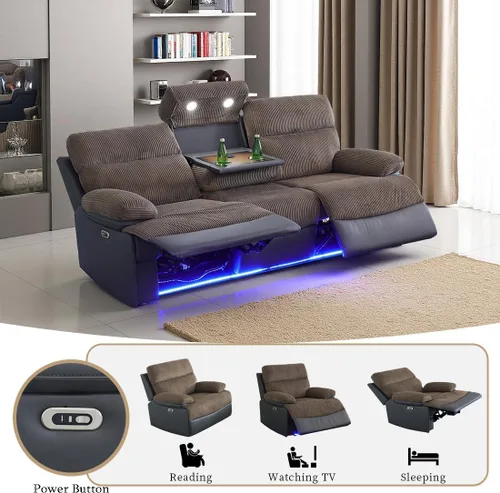 Vista 87 de Juego de sofá reclinable eléctrico, seccional de cuero transpirable beige, juego de muebles de sala de estar, 2 piezas, sofá reclinable eléctrico
