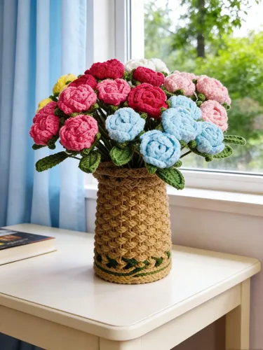 Vista 3 de THREEBOY Ramo de flores artificiales de ganchillo de rosas rojas con florero de punto para el Día de la Madre, San Valentín, decoración