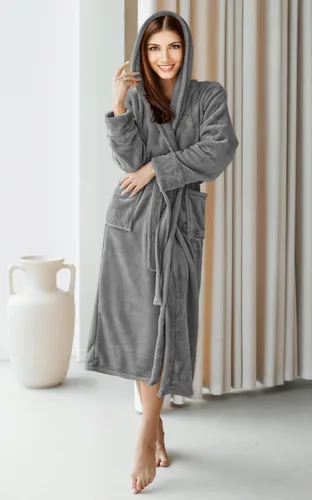 Vista 5 de NY Threads - Bata de baño de vellón con capucha para mujer, larga y afelpada