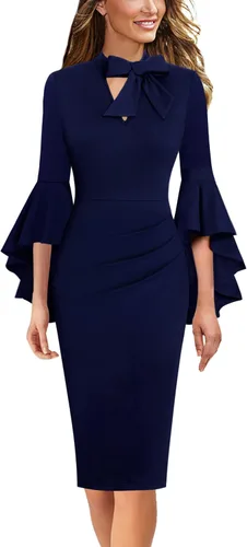 Vista 2 de VFSHOW Womens Bell Sleeve Tie Neck Cocktail Party Bodycon Pencil Dress