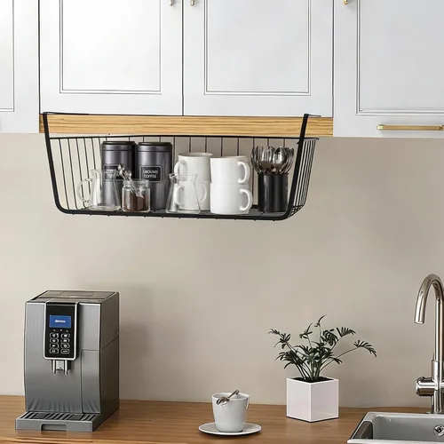 Vista 3 de Cesta de almacenamiento debajo del estante, cesta de alambre para el hogar, cesta de almacenamiento colgante de metal debajo del estante, cesta