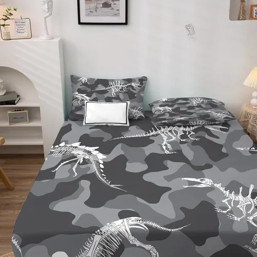 Vista 3 de Sábanas de camuflaje tamaño Queen – Sábanas de cama de fósil de dinosaurio, microfibra suave, bolsillo profundo, sábanas y fundas de almohada