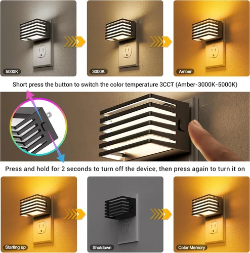 Vista 2 de JandCase - Luz nocturna LED, [2 unidades] Luces nocturnas enchufables a la pared del atardecer al amanecer 3 colores 3000K/5000K/ámbar, sensor