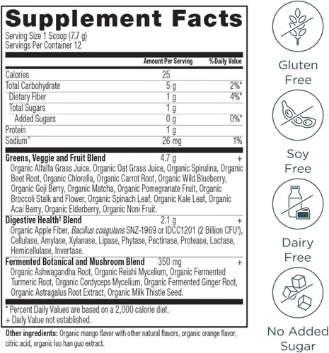 Vista 3 de Ancient Nutrition Proteína en polvo multicolágeno, sin sabor, 24 porciones + polvo orgánico Supergreens, mango, 12 porciones