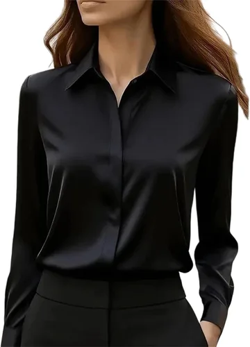 Vista 5 de Camisa de oficina de manga larga para mujer, cuello con botones, blusa formal sólida