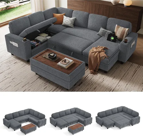 Vista 13 de LINSY HOME Sofá cama seccional con sofá cama extraíble para sala de estar (azul) Plush Corduroy