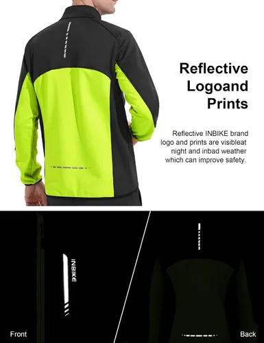 Vista 5 de INBIKE Chaqueta de ciclismo para hombre, chaqueta de ciclismo para correr, cortavientos reflectante, resistente al viento, forro polar para clima
