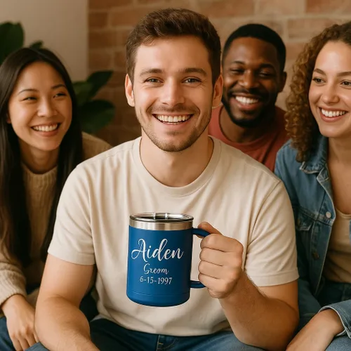 Vista 2 de Taza personalizada con recubrimiento en polvo de 15 oz con tapa personalizada grabada (negro)